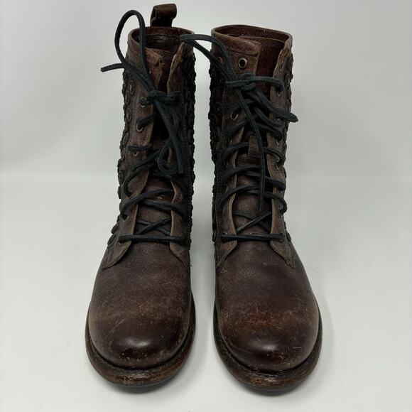 Frye Jenna Disc Dark Brown Studded Lace Up Distressed Leather Boots Size 8 B - Picture 2 of 11